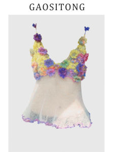 GAOSITONG Womens V-neck Knitted Top Summer Vacation Atmosphere Feeling Sleeveless Short Length Floral 3D Decoration