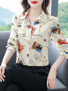 เสื้อเชิ้ตผ้าชีฟองพิมพ์ลายแฟชั่นฤดูใบไม้ผลิสำหรับผู้หญิง ทรงหลวมสบายๆ แขนยาว คอโปโล ปกติ ทรงหลวม แขนยาว คอโปโล ปกติ