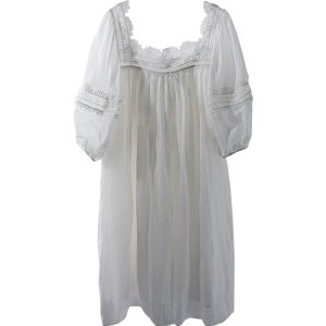 Miccbeirn | Miccbeirn Pure Flax Sweet Lace French Court Style Lantern Sleeve Dress Elegantly Breeze Summer Mid-Sleeve Midi A-Line Dress