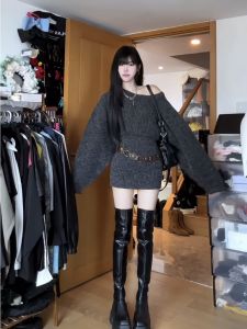 กระโปรงสั้นถักแขนกุดทรงหลวมสำหรับผู้หญิงในฤดูใบไม้ร่วงและฤดูหนาว กระโปรงสั้นทรงเอแบบสวมใส่ในบ้าน สไตล์เกาหลีสุดเก๋