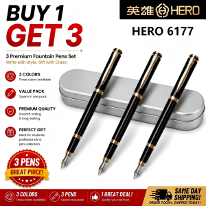 Hero | 3 SET Economy Set Hero 6177 Business Fountain Pen All Metal Body 0.5mm Standard Nib Fluent Writing Kit Packed With Ink Gift
