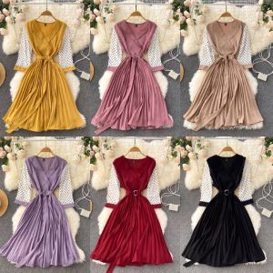 Korea Dress Import / Dot Sleeve Pleated Dress With Belt