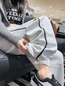 Grey Sports Pants Womens Spring Autumn 2025 New Drawstring Casual Sweatpants Loose Straight Wide Leg Pants Street Style High Waist