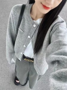 Grey Tweed Style Knit Cardigan Womens Casual Short Open Sweater New Spring Autumn Slimming Long Sleeve Knitwear