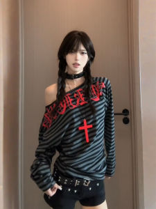 Áo Thun Nữ Tay Dài Dáng Rộng in Chữ Kẻ Sọc Màu Đen Mùa Thu Phong Cách Mới Thời Trang Thường Ngày Không Có Mũ