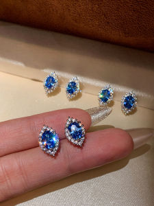 CAFFTI | S925 Sterling Silver Sea Blue Zircon Stud Earrings