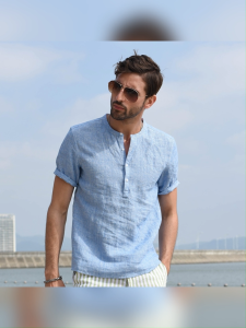 ManStyle-a Mens Mandarin Collar Short Sleeve Shirt Casual Henley Summer Top Multiple Colors Available