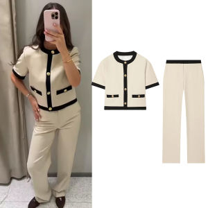 Women Fashion Contrast Top Pant Set Women Short Sleeve O-neck Button Tops Long Slim Trouser Sets Female Spring Suit