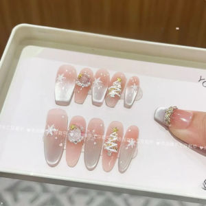 Ice Snow Christmas Handmade Wearable Nail Art Stickers Atmosphere Feeling White Gloves Cat Eye Snowflake Design False Nails