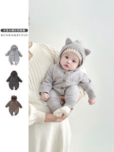 Spring Knitted Baby Romper Bear Ears Hooded Outfit Casual Style Infant Clothes Comfortable Breathable Long Sleeve Crawler Suit