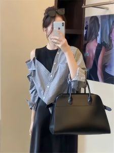 Blue Striped Long Sleeve Shirt Womens New 2025 Autumn French Design Patchwork Fake Two-Piece Top Breathable Comfortable Casual Shirt