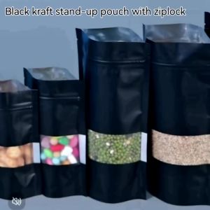 Approx 97-100pcs Black Kraft Stand Up Pouch with ZipLock Window l Cookies Coffee Packaging Resealable