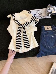 Korean Style Color Block Striped Knitwear Polo Collar Top Summer 2025 Womens Fashion Navigation System Matching Slim Fit