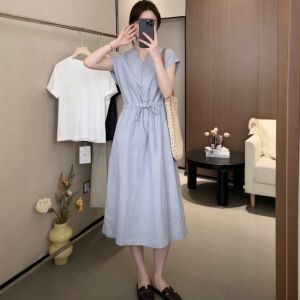Vintage Elegant Design 100% Linen Waist-Shaping Leisure Dress