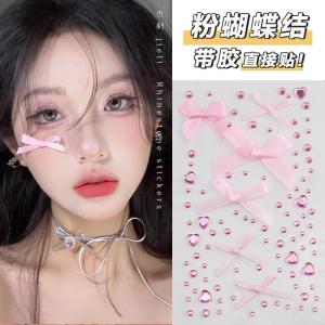 Kids Makeup Pink Bows Heart Shape Rhinestone Bindi Face Ribbon Makeup Face Eye Embellishment Decorations Soft and Adorable Makeup