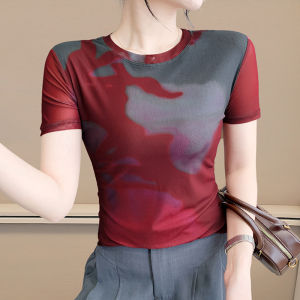 Yimei phong cách châu âu áo thun lưới nhuộm màu pha trộn cho nữ mùa hè 2025 có áo phong cách hoài cổ co giãn cổ tròn và Áo Sơ Mi Ngắn Tay Ôm vừa