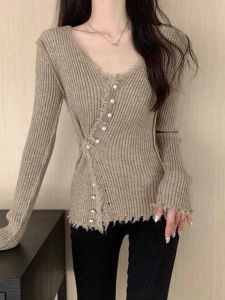 Stylish French High-Grade V-Neck Fitting Fringe Knit Cardigan