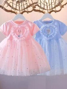 Princess Style Girls Dress Baby Toddler Kids Puffy Skirt Cotton Blend Fabric Breathable Summer Outfit Short Sleeve Midi Skirt