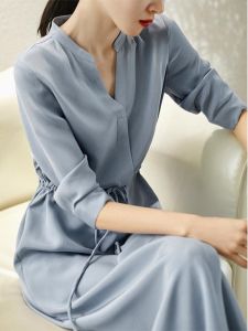 Elegant High Waist Slimming Silk Shirt Dress Womens Summer Season Polyester Fiber Commute Style Seven Sleeve Midi Dress