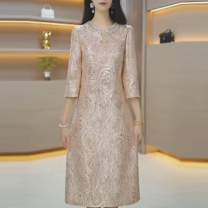 MAIMEI | Elegant Womens Cheongsam Dress High Waist A-Line Skirt Embroidered Detail Spring Autumn Season Wedding Banquet Occasion