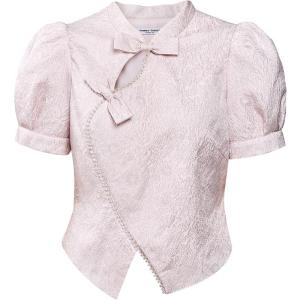 TAMMY TANGS | Sugar Power New Chinese Style Short Sleeve Asymmetric Beaded Hollow Out Flower Pattern Womens Top Summer Sweet Style Fit Butterfly Knot Polyester Nylon