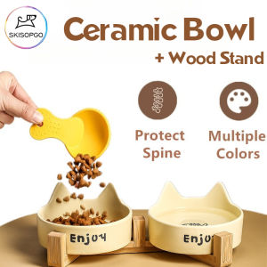 SKISOPGO Ceramic Pet Bowl with Wood Stand Anti Slip Bamboo Rack Cat Dog Food Water Feeding Dish