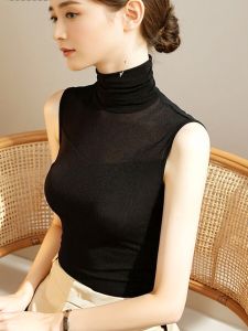 High Collar Lace Mesh Vest Womens Autumn Fashion T Shoulder Top Black Dance Practice Sleeveless Base Shirt Commute Style Slim Fit