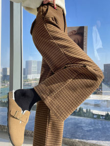 กางเกงสูททรงตรงผู้หญิงสีน้ำตาลลายสก็อต กางเกงขายาวทรงหลวม ทรงตรง กางเกงขายาวทรงขากว้าง ทรงสลิมฟิต สำหรับฤดูใบไม้ร่วงและฤดูหนาว