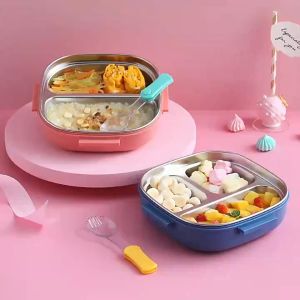 Lunch Box With Fork 3 Compartment Japanese Lunch Box Reusable Lunch Dinner Containers Leakproof Stainless Steel Bento Lunch Box for Kids Adults School Office