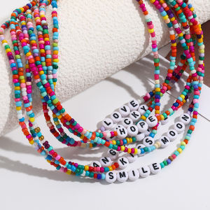European and American Style Necklace Cross-Border Hot Sale Summer Letter Necklace Womens Color Rice-Shaped Beads Stringed Beads Greeting Letter Necklace