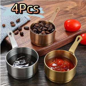 4Pcs Stainless Steel Sauce Bowl Smooth Rim Non Rust with Handle for BBQ Camping Gravy Seasoning Serving Dish Outdoor Cookware