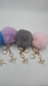 Crystal Angel Keychain - Ballet Girl Charm with Faux Rabbit Fur Pompom - Cute Accessory for Women