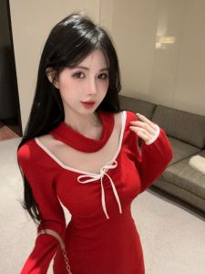 GUZILIAN | Stylish Autumn Winter Red Long Sleeve Slim Fit French Style Dress Beautiful Bodycon Skirt Women Fashionable Commute Korean Style