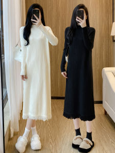 Elegant Knitted Midi Dress Womens Autumn Winter Straight Leg Knee-Length Sweater Dress Coat Inner Mid-Length Skirt