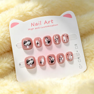 10Pcs Nude Pink Cat Eye Kid Press On Nails Cartoon Fruit Cats Star Heart Short Round Fake Nail Wearable Children False Fingertip
