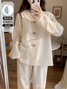 New Chinese Style Long Sleeve Womens Sleepwear Set with Chest Pad Home Clothes V-Neck Pullover Spring Autumn Collection