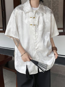 Fashionable Ice Silk Short Sleeve Mens Shirt Loose Fit Embroidered Chinese Style Jacket Casual Youth Summer Top