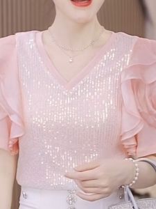 Shiny Sequin Short Sleeve V-Neck Loose T-Shirt Womens Summer Fashionable Chiffon Top Elegant Outerwear Inner Match Super Fairy