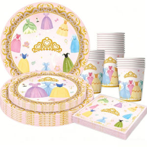 Princess Birthday Party Decorations Kit Paper Cup Plate Napkin Tablecloth Banner Pink Party Supplies Disposable Dinnerware Set