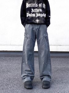 กางเกงยีนส์ทรงหลวมสไตล์อเมริกันย้อนยุคสำหรับผู้ชาย กางเกงขายาวทรงตรงหลายกระเป๋า สไตล์วัยรุ่น ฤดูใบไม้ผลิ ฤดูร้อน ฤดูใบไม้ร่วง ฤดูหนาว