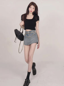 กระโปรงยีนส์ทรงเอเอวสูงสไตล์อเมริกันย้อนยุคสำหรับฤดูร้อนปี 2025 กระโปรงสั้นทรงเอเอวสูงกระโปรงทรงเอสองชิ้นปลอมสำหรับผู้หญิง