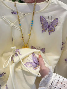 YUFUQING | New Chinese Style Heavy Embroidery Butterfly Button Side Slip Shirt Women Summer New Style Improved Cheongsam Top Loose Fit High Waist Daily Wear Polyester Fiber Long Sleeve Round Neck