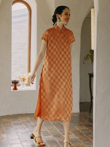 New Chinese Style Handmade Checkered Qipao Dress Women Summer Improved PaleBlueDot Blue Dot Traditional Chinese Cheongsam Dress