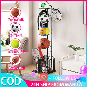 Basketball Storage Rack With Hooks Vertical Ball Rack Heavy Duty 4 Balls Sports Ball Organizer Multi-Layer Basketball Rack Football Volleyball Organizer Rack Multi-Functional Storage Easy To Install Space Saver For Garage Indoor Outdoor