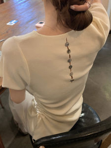 French Design Ice Silk Knitted Top Women Summer Uneven Drawstring Waist Thin Short Sleeve Hollow out round Neck Solid Color