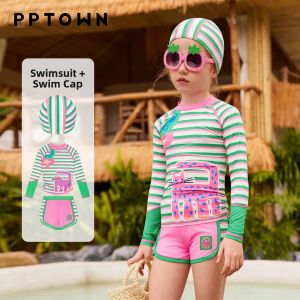 PPTOWN | Cute Cat Print Split Style Swimwear Sun Protection Quick Dry