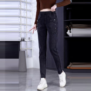 High Waist Slimming Mom Jeans Womens Loose Casual Elastic Straight Leg Denim Pants Versatile Deep Blue Cotton Blend