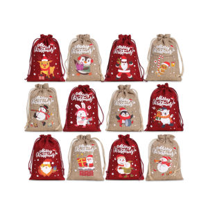 12pcs Christmas Drawstring Bags Linen Colored Candy Biscuits Pouchs for Party Bar Home Holiday Decor New Year Gift Packaging Bag
