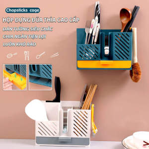 Hộp Đựng Đũa Thìa Treo Tường Giá Để Đũa Thìa Có Khay Đựng Thoát Nước Kèm 2 Dán Chữ T