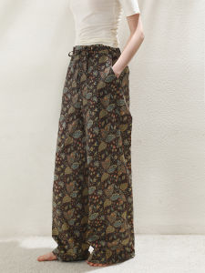 XEXZ | Vintage Floral Print Loose Wide Leg Casual Cotton Sleep Pants For Women Straight Cut Home Wear Trousers Can Be Worn Outside